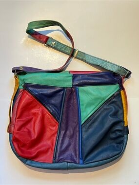 Vintage Multicolor Patchwork Leather Shoulder Bag - Red Green Blue Purple Yellow